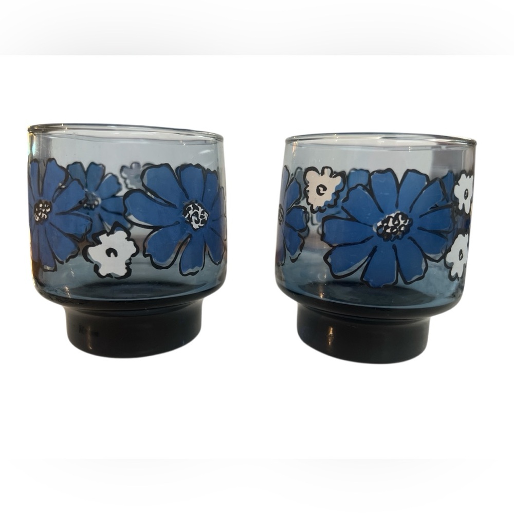 Vintage Libby Camellia Blue Floral rocks glasses, set of 2